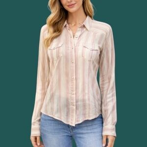 5/$25 COTTON EXPRESS Striped Snap Button Long Sleeve Cowboycore Shirt FLAWED